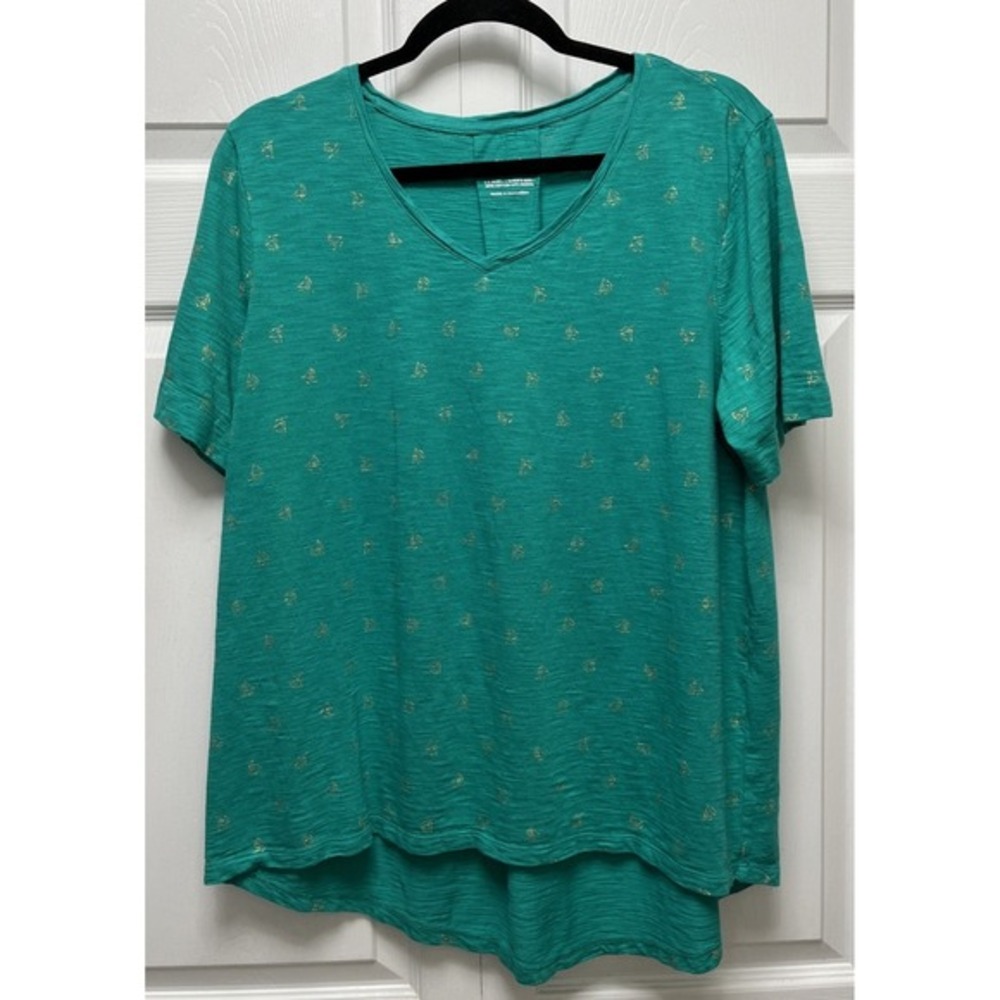 Chicos Shirt Womens 2 Large‎ Green Novelty Sailboats Short Sleeve V Neck T Shirt